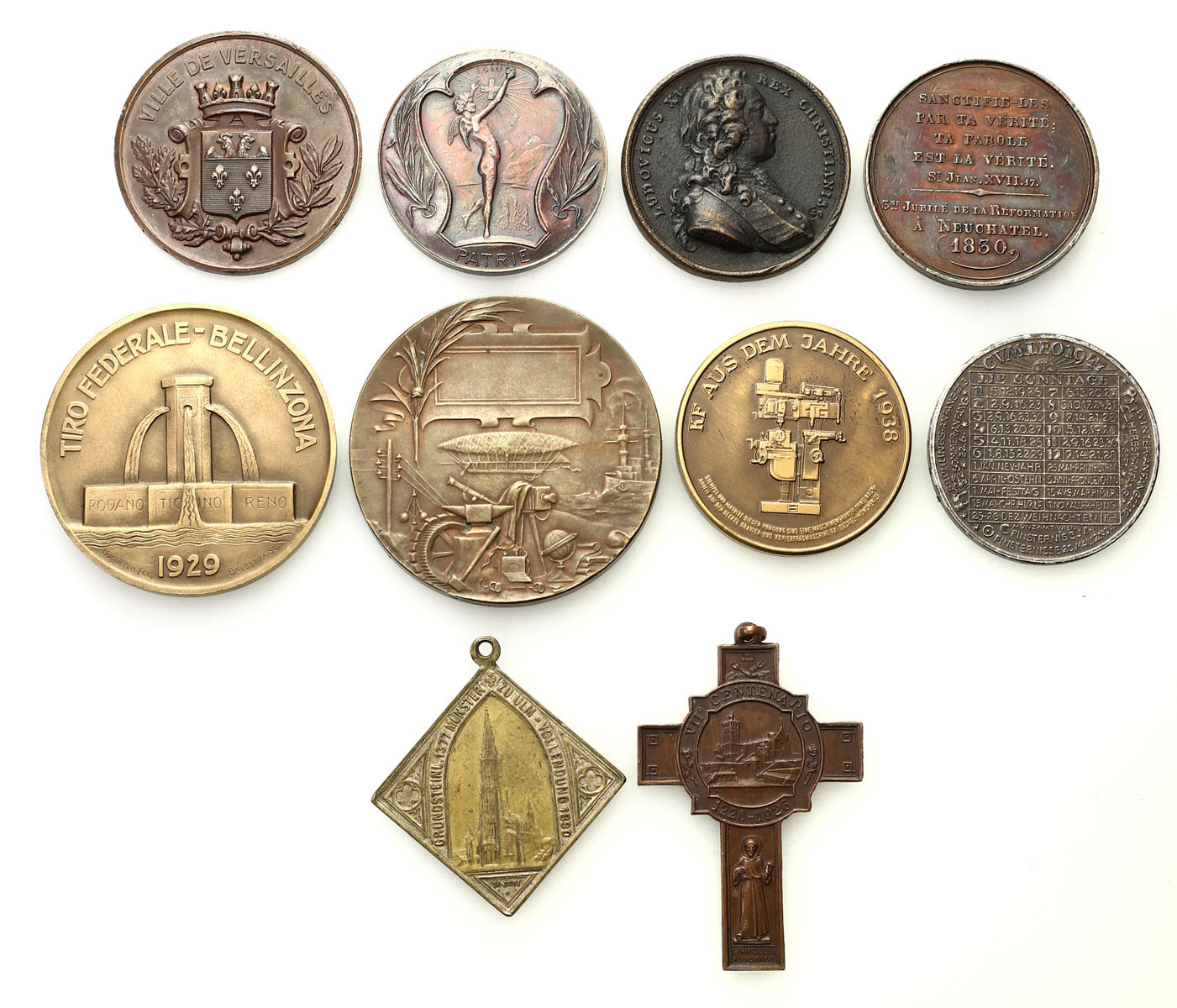 Europa – Francja, Niemcy, Szwajcaria. Medale, krzyż, zestaw 10 sztuk, brąz